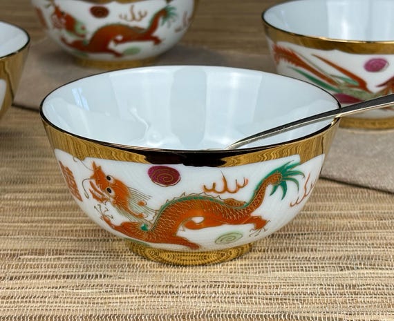 Chinese Porcelain Rice Soup Bowls with Dragons and Roosters (set of 4)