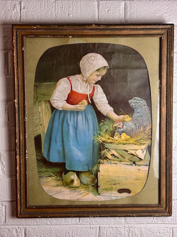 Dutch Girl with Chickens (Pets) Lithograph Framed Print