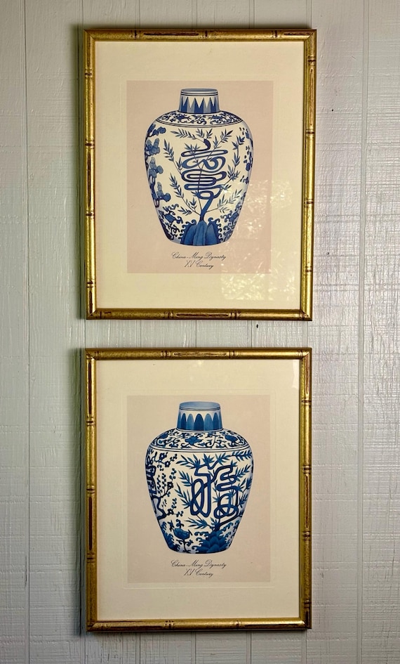 Vintage Framed Blue & White Ginger Jar Prints in Faux Bamboo Wood Frames (2)