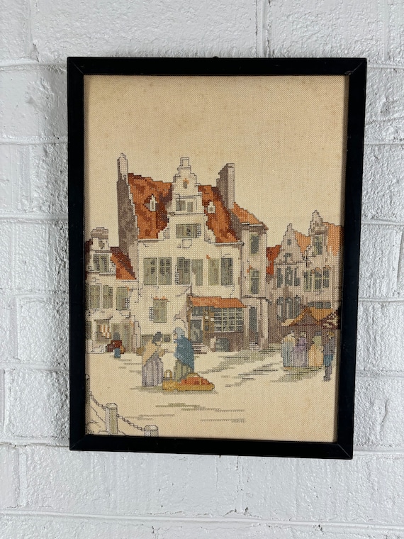 Framed Needlework of European Village Vintage