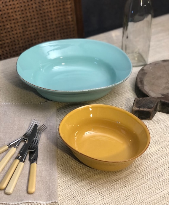 Vietri Cucina Fresca Serving Bowls Fantasia Light Blue and Saffron