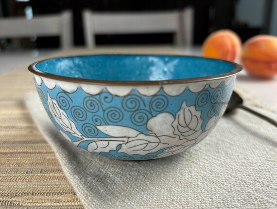 Small Chinese Enamel On Copper Turquoise and White Floral Finger Bowl