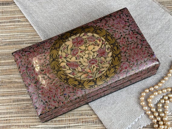 Rectangular Pink Floral Lacquered Papier-mâché Wood Box