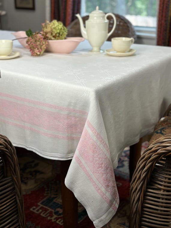 White with Pink Border Brocade Floral Tablecloth 60”x62”