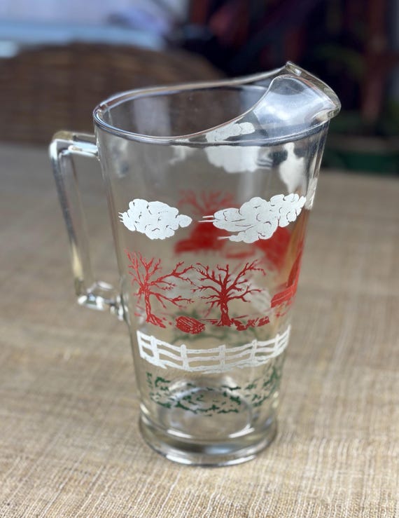 Vintage Midcentury Barn Yard Farm Design Glass Water Pitcher.