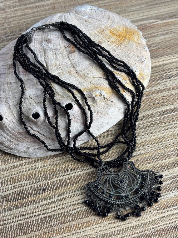 Black Glass Seed Beaded choker Necklace with Pendant
