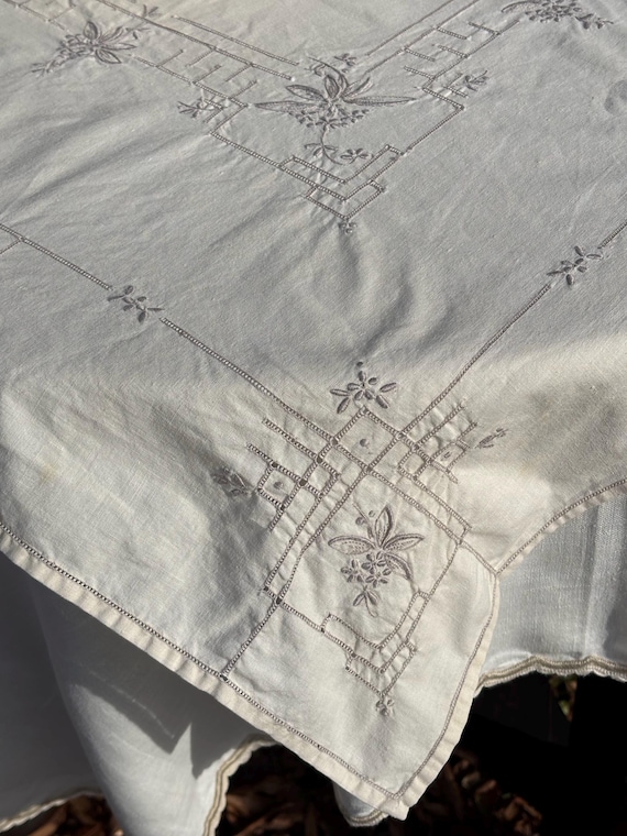 Embroidered Hem Stitched Square Cotton Ivory Tablecloth Table Square