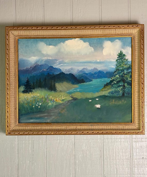 Vintage Acrylic Mountain Lake Landscape Painting by MW98