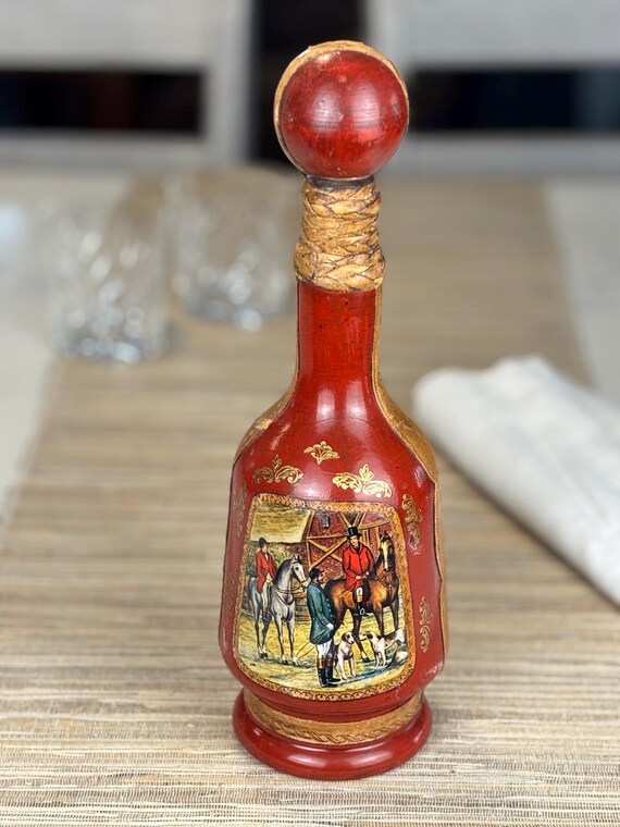 Leather and Painted Glass Italian Decanter Bottle