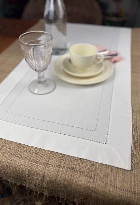 Vintage Hem Stitched White Cotton Table Runner