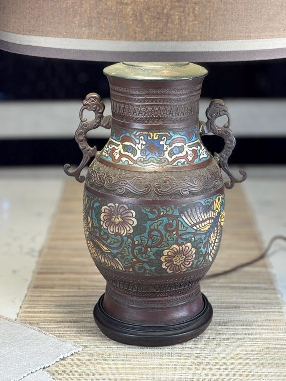 Cloisonné Champleve Enamel Urn Lamp with Dolphin Handles and Butterflies