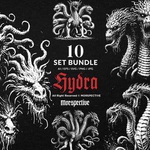 10 Bundle Dark Art Hydra Head Dragon Snakes Monster Mystical Creature Tattoo Clipart Digital File Vector Ai / Eps / Svg / Png illustration