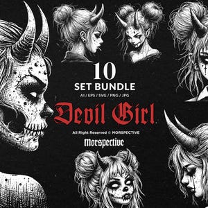 10 Bundle Dark Art Devil Girl Kids Demon Woman Face Hell Tattoo Clipart Digital File Vector Ai / Eps / Svg / Png illustration