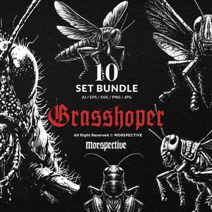 10 Bundle Dark Art Grasshopper Insect Animal Scary Tattoo Clipart Digital File Vector Ai / Eps / Svg / Png illustration