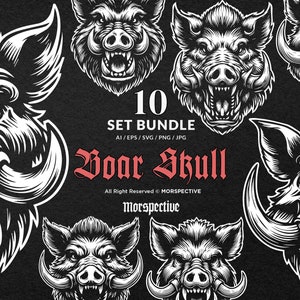 10-pack mörk konst skrämmande ilsket vildsvinsskallehuvud med vasst horntatuering Clipart digital fil vektor Ai / Eps / Svg / Png illustration