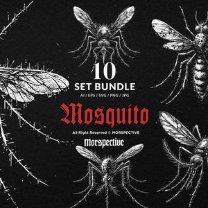 Puede incluir: Ilustración en blanco y negro con múltiples dibujos detallados de mosquitos. La imagen incluye el texto "10 SET BUNDLE" y "Mosquito" en fuente gótica, con el nombre del artista "Morspective".