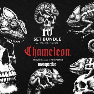 Op de afbeelding: Een zwart-wit illustratie met kameleons en schedels. De afbeelding bevat de tekst "10 SET BUNDLE" en "Chameleon". De kameleons zijn gedetailleerd, en de schedels geven een gotische uitstraling.