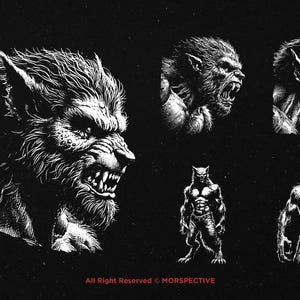 May include: Black and white illustration of five different werewolf figures in various poses. The werewolves have sharp teeth and claws, and their fur is detailed.
