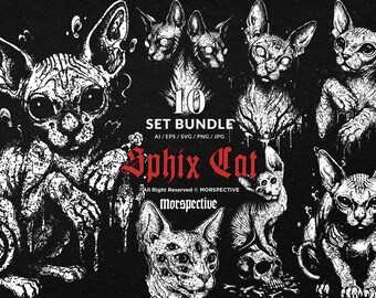 10 Bundle Dark Art Sphix Cat Skull Head Magical Kitten whisker egypt Tattoo Clipart Digital File Vector Ai / Eps / Svg / Png illustration