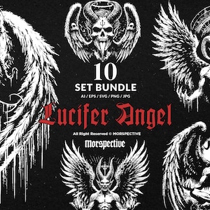 May include: A set of 10 digital illustrations featuring black and white depictions of angels with wings and horns. The illustrations are in a gothic style and feature the text "Lucifer Angel".