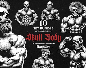 10 Bundle Dark Art Skull Bodybuilder Gym Muscle Workout Hand Drawn Tattoo Clipart Digital File Vector Ai / Eps / Svg / Png illustration