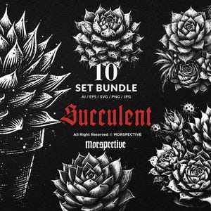 10 Bundle Dark Art Succulent Cactus Floral Desert Plant Hand Drawn Tattoo Clipart Digital File Vector Ai / Eps / Svg / Png illustration