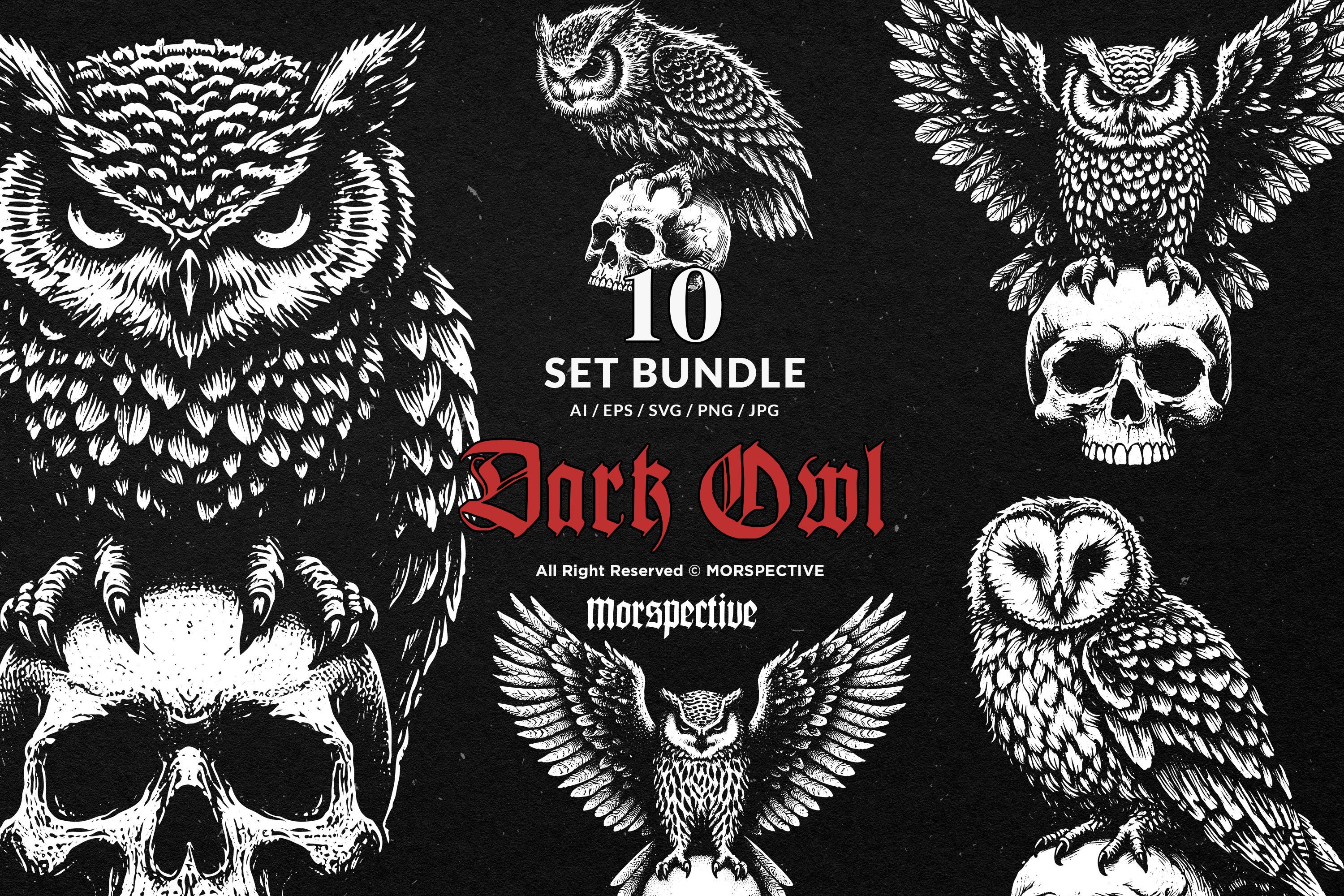 10 Bundle Dark Art Owl Bird Skull Nocturnal Animal Horror Tattoo Clipart Digital File Vector Ai / Ep
