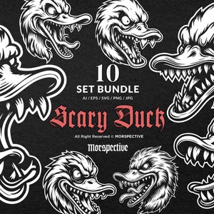 Puede incluir: Un conjunto de 10 ilustraciones en blanco y negro de patos aterradores con dientes afilados y expresiones de enojo. Las ilustraciones son de estilo de dibujos animados y son perfectas para usar en proyectos de diseño gráfico.