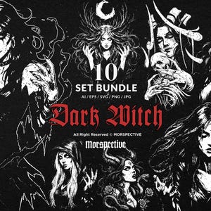 May include: A black and white digital art set featuring ten illustrations of dark witches. The images include various witch portraits with crescent moon symbols, and the text "10 SET BUNDLE Dark Witch" is displayed.