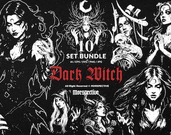 10 Bundle Dark Art Witch Sorcery Spell Girl Occult Mystic Ritual Tattoo Clipart Digital File Vector Ai / Eps / Svg / Png illustration