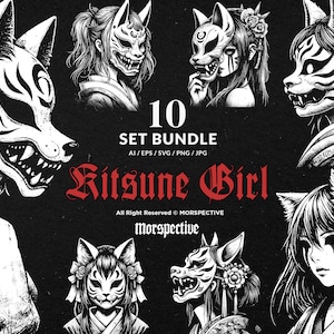 May include: A set of 10 digital illustrations featuring kitsune girls with fox masks. The illustrations are in black and white and have a dark, gothic aesthetic.