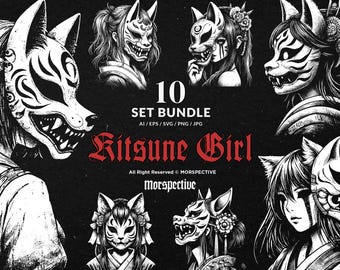 10 Bundle Dark Art Kitsune Girl Mask Japanese Fox Geisha Tattoo Clipart Digital File Vector Ai / Eps / Svg / Png illustration