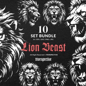 May include: A set of 10 black and white lion illustrations. The lions are roaring with their mouths open, showing their teeth. The illustrations are in a graphic style and are perfect for use in designs, prints, and other creative projects. 10 SET BUNDLE AI/EPS/SVG/PNG/JPG Lion Beast All Right Reserved © MORSPECTIVE Morspective