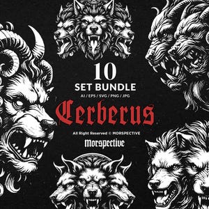 Lot de 10 art sombre Cerbère créature mythique tatouage Clipart fichier numérique vecteur illustration Ai/Eps/Svg/PNG