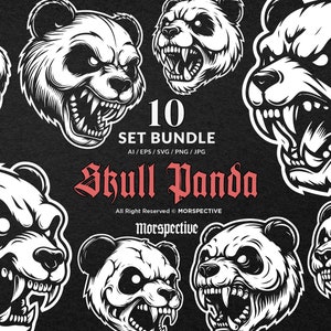Paquete de 10 arte oscuro Angry Skull Panda Head Ilustración en blanco y negro Tatuaje Clipart Archivo digital Vector Ai / Eps / Svg / Png ilustración