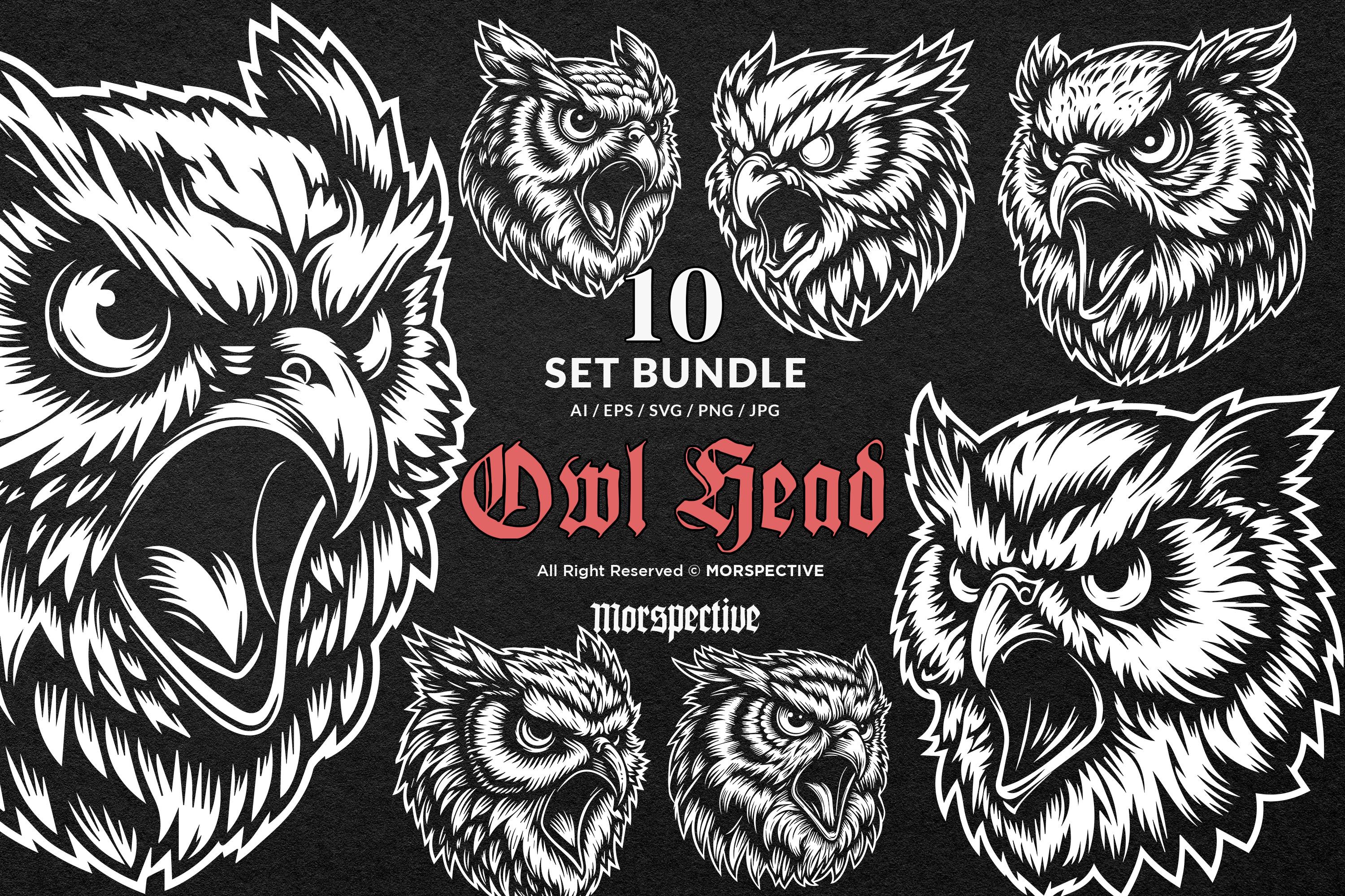 10 Bundle Dark Art Angry Wild Owl Head Black and White Illustration Tattoo Clipart Digital File Vect