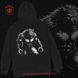 May include: Black hooded sweatshirt with a white graphic print of a werewolf on the back. The text "All Right Reserved &copy; MORSPECTIVE" is printed on the bottom of the sweatshirt.