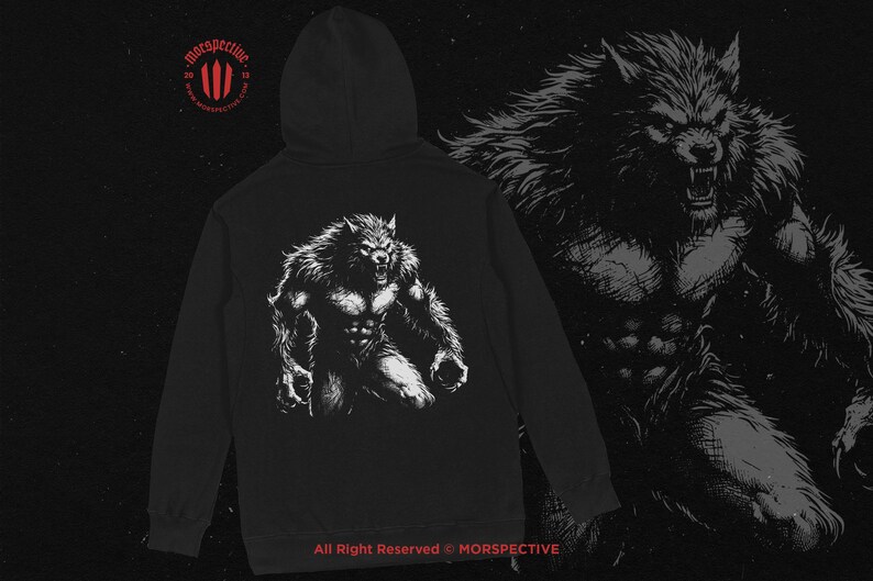 May include: Black hooded sweatshirt with a white graphic print of a werewolf on the back. The text "All Right Reserved &copy; MORSPECTIVE" is printed on the bottom of the sweatshirt.