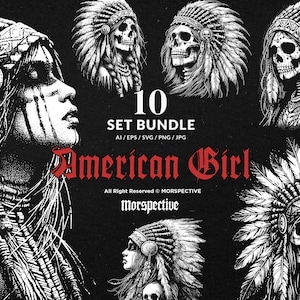 10 bundel Dark Art American Indian Skull Girl Warriors inheemse inheemse tattoo clipart digitale vector ai/eps/svg/png-afbeelding