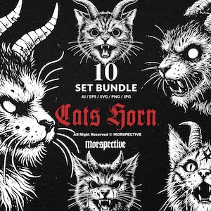 May include: A set of 10 digital illustrations of cats with horns. The cats are drawn in a black and white style with a dark background. The text "Cats Horn" is written in red letters with a black outline. The text "10 Set Bundle" is written in white letters with a black outline. The text "AI/EPS/SVG/PNG/JPG" is written in white letters with a black outline. The text "All Right Reserved © MORSPECTIVE" is written in white letters with a black outline. The text "Morspective" is written in white letters with a black outline.