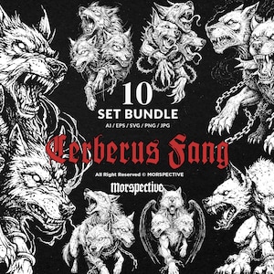 Puede incluir: Conjunto de ilustraciones en blanco y negro que representan a Cerbero, el perro de tres cabezas, en varias poses. La imagen incluye el texto "10 SET BUNDLE" y "Cerberus Fang".