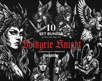 10 Bundle Dark Art Valkyrie Knight Girl Warrior God Skull Tattoo Clipart Digital File Vector Ai / Eps / Svg / Png illustration