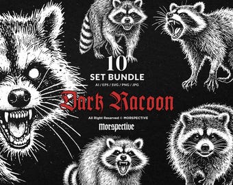 10 Bundle Dark Art Racoon Scary Gothic Horror Animal Tattoo Clipart Digital File Vector Ai / Eps / Svg / Png illustration