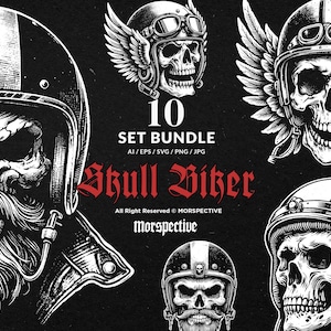10 bundel Dark Art Skull Head Biker Riding Motorcycle Skeleton Tattoo Clipart digitaal bestand Vector Ai / Eps / Svg / Png-illustratie