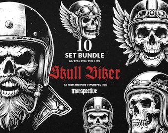 Op de afbeelding: Een set van 10 zwart-wit illustraties van biker-schedels met helmen. De illustraties zijn in vintage stijl en tonen gedetailleerde tekeningen van de schedels en helmen. De tekst "Skull Viker" is geschreven in een vet, gotisch lettertype.