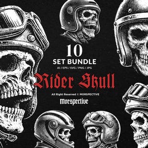 10 Bundle Dark Art Skull Rider with Helmet Vintage Skeleton Motorcycle Tattoo Clipart Digital File Vector Ai / Eps / Svg / Png illustration