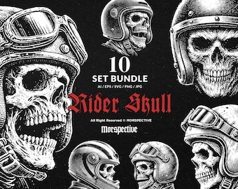10 bundel Dark Art Skull Rider met helm Vintage skelet motorfiets Tattoo Clipart digitaal bestand Vector AI / Eps / Svg / png-afbeelding