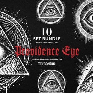 May include: A set of 10 vector illustrations of the all-seeing eye, also known as the Eye of Providence, in a variety of styles. The illustrations are in black and white and feature a stylized eye within a triangle.