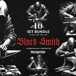 May include: A black and white illustration set featuring blacksmiths at work, hammering metal on anvils. The image includes the text "10 SET BUNDLE" and "Black Smith". The artwork is in a vintage style, with a focus on the craft of blacksmithing.