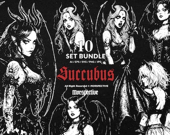 10 Bundle Dark Art Succubus Devil Angel Girl Demon Gothic Emo Fantasy Tattoo Clipart Digital File Vector Ai / Eps / Svg / Png illustration
